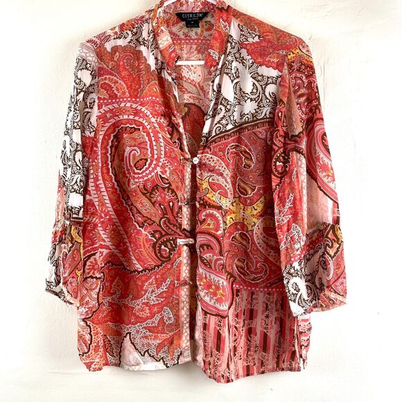 Citron Tops - Citron Santa Monica Blouse Mother of Pearl Button Silk Sz M Floral Paisley Art